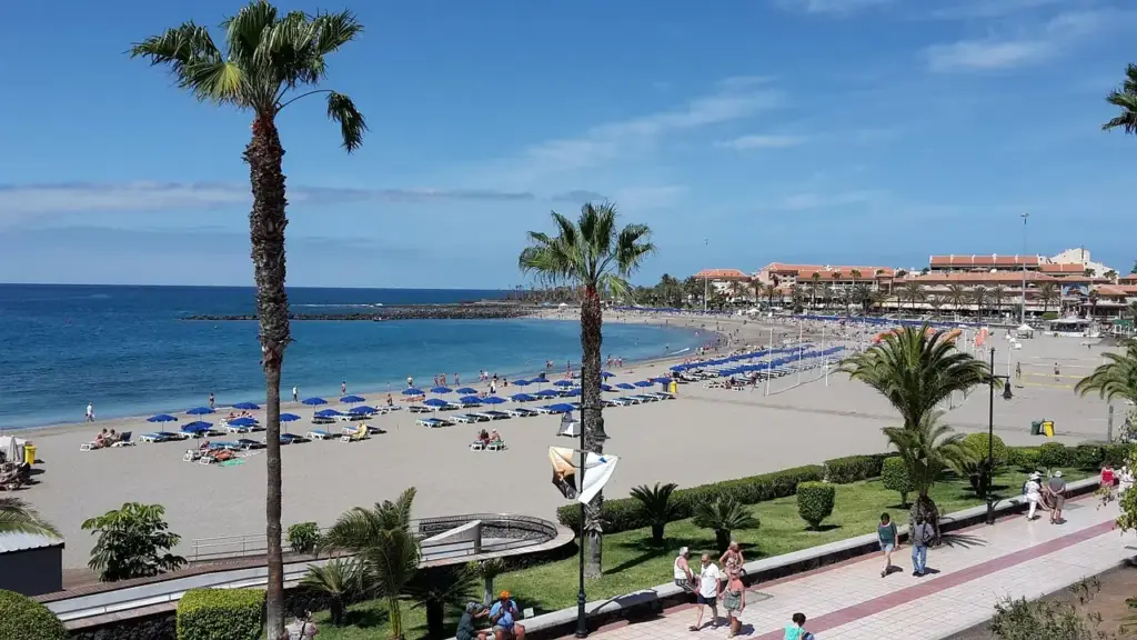 La plage de sable clair de Playa de las Vistas à Los Cristianos, avec la promenade et les palmiers
