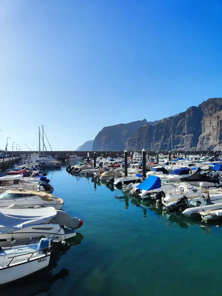 Le port de Los Gigantes et ses bateaux, au pied des falaises